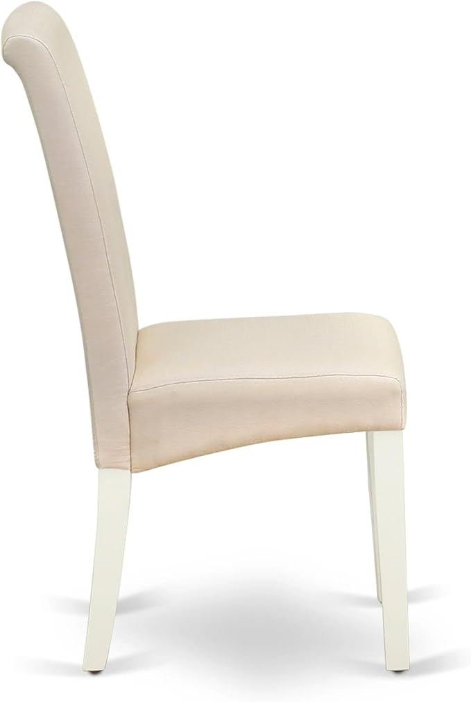 East West Furniture AMBA3-LWH-01 3 Piece Modern Dining Table Set Contains a Round Kitchen Table with Pedestal and 2 Cream Linen Fabric Upholstered Parson Chairs, 36x36 Inch, Linen White