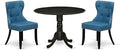 East West Furniture DLSI3-ABK-21 3 Piece Modern Dining Table Set Contains a Round Wooden Table with Dropleaf and 2 Blue Linen Fabric Upholstered Parson Chairs, 42x42 Inch, Wirebrushed Black