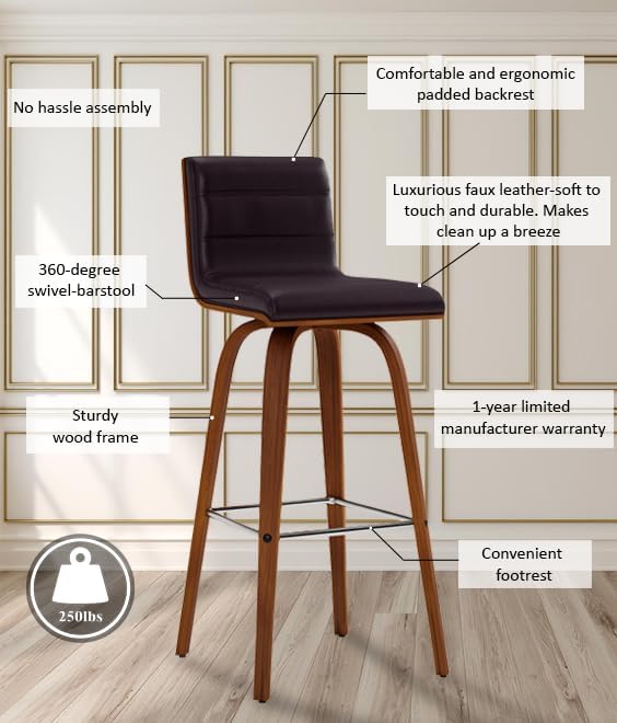 Vienna 30" Swivel Bar Stool in Walnut Wood Finish with Brown Faux Leather - Set of 2