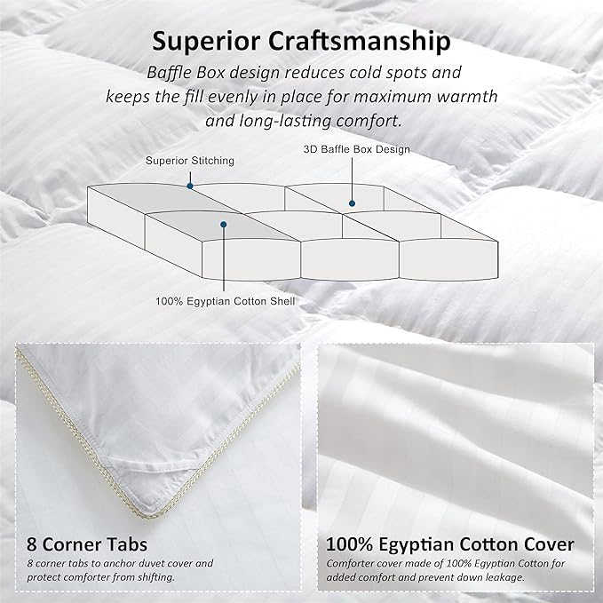 Luxurious All-Season Goose Down Comforter Duvet Insert, Exquisite Oversized California King White Stripe Design, 108" X 98 ", 100% Cotton Down Proof Fabric, 65 oz. Fill Weight