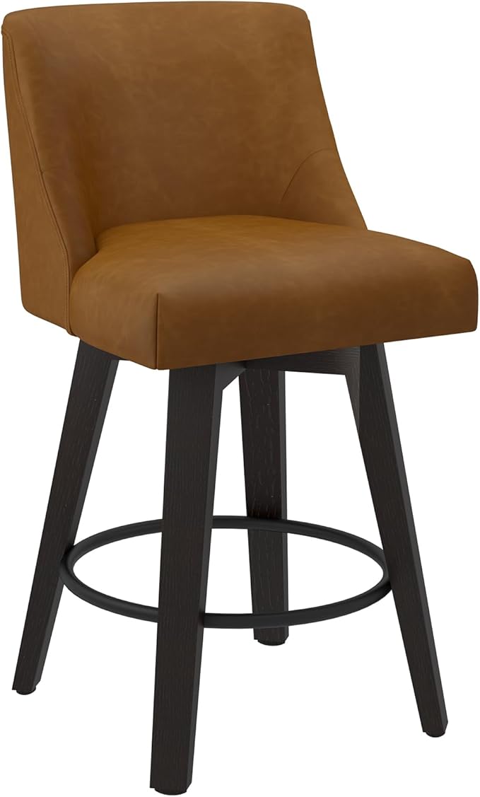Counter Height Swivel Bar Stools Set of 3, 26 Inch Bar Stools with Footrest, Faux Leather Upholstered Barstools with Back and Solid Wood Legs for Kitchen Island, Dining Room,Pub,Brown
