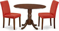East West Furniture DLAB3-MAH-72 3 Piece Kitchen Table Set Contains a Round Dining Table with Dropleaf and 2 Firebrick Red Faux Leather Upholstered Chairs, 42x42 Inch, Mahogany