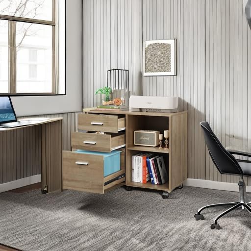 DEVAISE 3 Drawer Mobile File Cabinet, Wood Lateral Filing Cabinet, Printer Stand with Open Shelves for Home Office, Gray Oak
