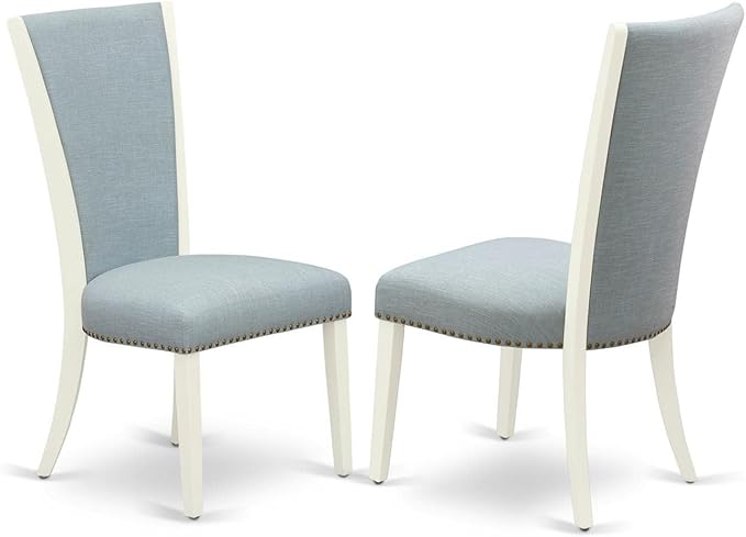 East West Furniture ANVE3-LWH-15 3 Piece Dining Table Set Contains a Round Dining Room Table with Pedestal and 2 Baby Blue Linen Fabric Upholstered Chairs, 36x36 Inch, Linen White