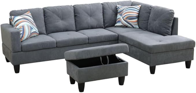 Dark Grey L-Shaped 3-Piece Flannelette Sofa with Storage Ottoman Set, Sectional Couch Sofa Set for Living Room, Office, Small Space