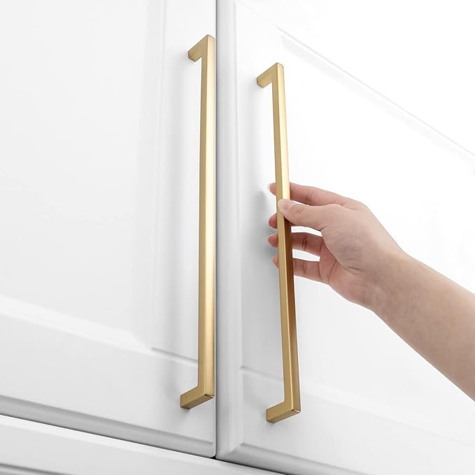 KOOFIZO Solid Square Bar Cabinet Handle - Brushed Gold Furniture Pull, 12.6 Inch/320mm Screwhole Distance, 1-Piece for Kitchen Cupboard Door, Bedroom Dresser Drawer, Bathroom Wardrobe Hardware