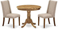 East West Furniture ANFL3-ANA-04 3 Piece Kitchen Table Set Contains a Round Dining Room Table with Pedestal and 2 Light Tan Linen Fabric Upholstered Chairs, 36x36 Inch, Natural