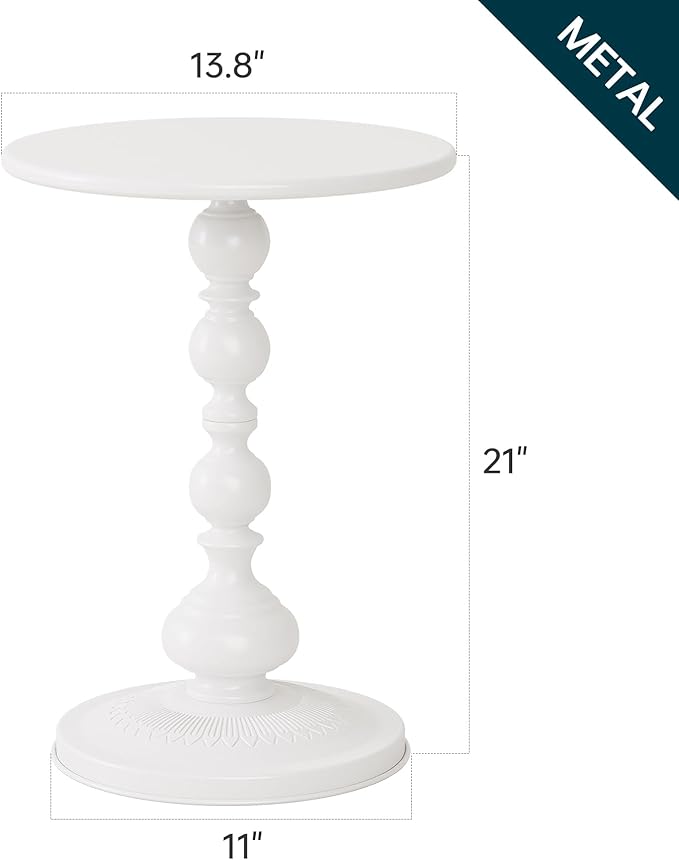 Metal Round Side Table, Small Drink Table for Small Spaces, Matte Modern Accent End Tables Coffee Tables, Pedestal Tables for Living Room, Bedroom, Corners, and Office, 21'' Height (White)