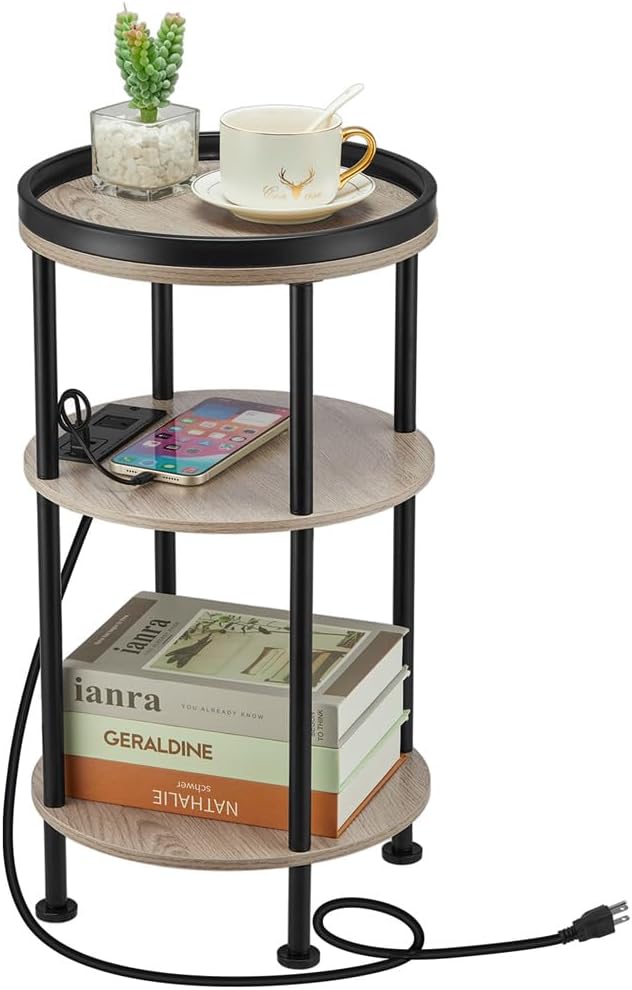 Small Round Side Table with Charging Station for Small Spaces, 3-Tier Accent Table with USB Ports & Power Outlets, Corner Tea Table Sofa Table for Living Room Nightstand Bedroom Apartment(USB,Oak)