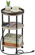 Small Round Side Table with Charging Station for Small Spaces, 3-Tier Accent Table with USB Ports & Power Outlets, Corner Tea Table Sofa Table for Living Room Nightstand Bedroom Apartment(USB,Oak)