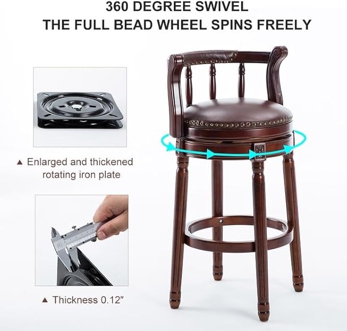 Cow top Leather Wooden Bar Stools, 360 Degree Swivel Bar Height Chair with Backs for Home Kitchen Counter, Morden Chair Barstools (Dark Blue 2pcs, Counter Height-Seat Height 26”)