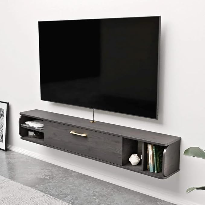 Floating TV Unit, 67'' Wall Mounted TV Cabinet, Floating Shelves with 4 Cabinets, Wooden Entertainment Media Console Center Large Storage TV Bench for Living Room & Office (67IN, Dark Grey)