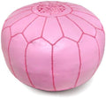 Stuffed Round Design Moroccan Leather Pouf Ottoman, Handmade, Pre-Filled, 100% Genuine Leather, 13” Height x 20” Diameter, Footstool & Living Room Décor (Pink)