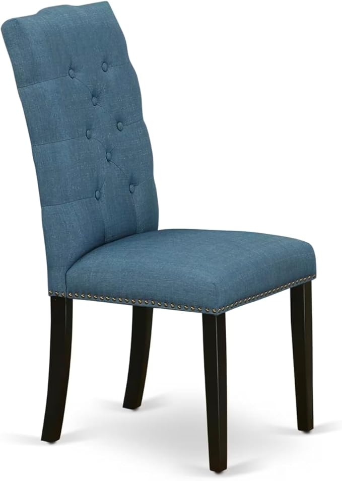 East West Furniture V627EL121-7 7 Piece Modern Dining Table Set Consist of a Rectangle Wooden Table with V-Legs and 6 Blue Linen Fabric Upholstered Chairs, 40x72 Inch, Multi-Color