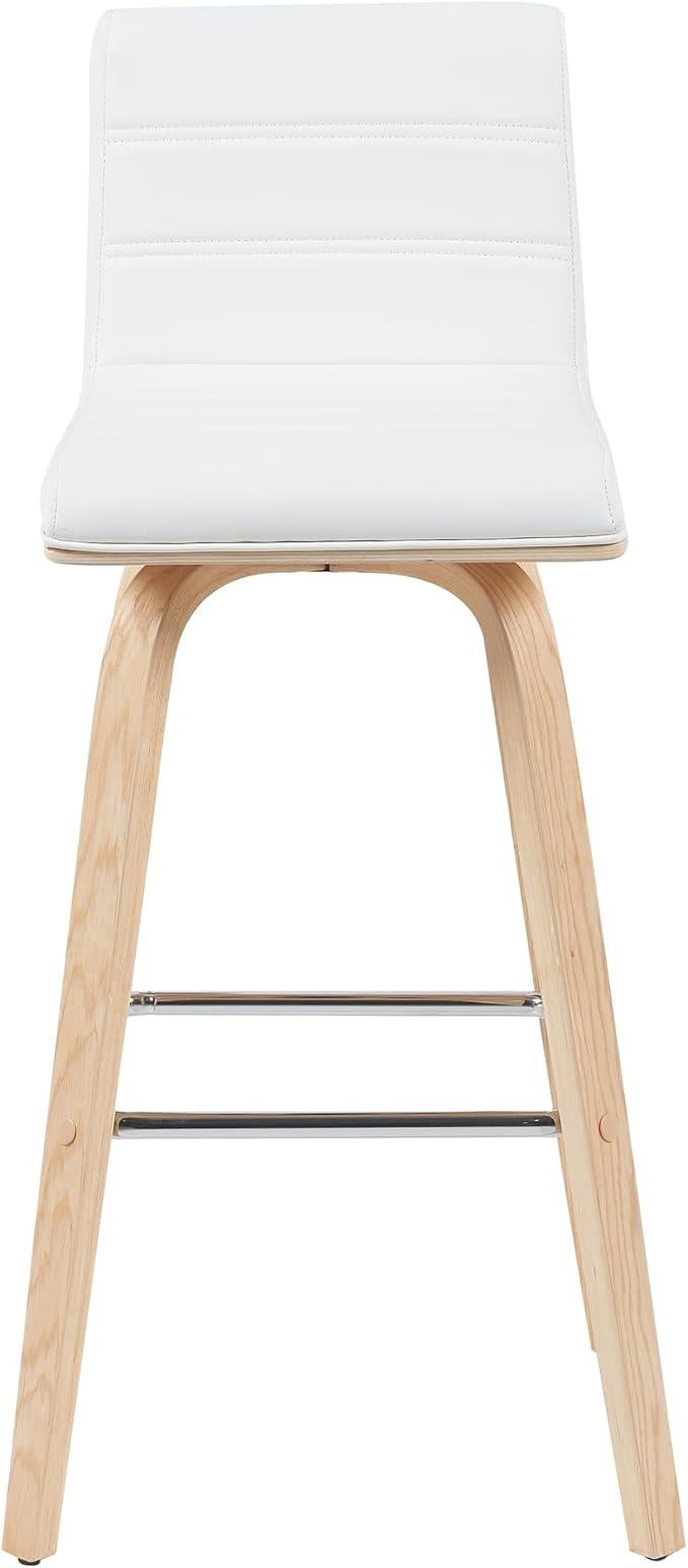 Armen Living Vienna Modern Swivel 30" Bar Height Barstool with White Faux Leather and Patterned Oak Wood Finish