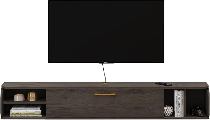 Floating TV Unit, 67'' Wall Mounted TV Cabinet, Floating Shelves with 4 Cabinets, Wooden Entertainment Media Console Center Large Storage TV Bench for Living Room & Office (67IN, Dark Grey)