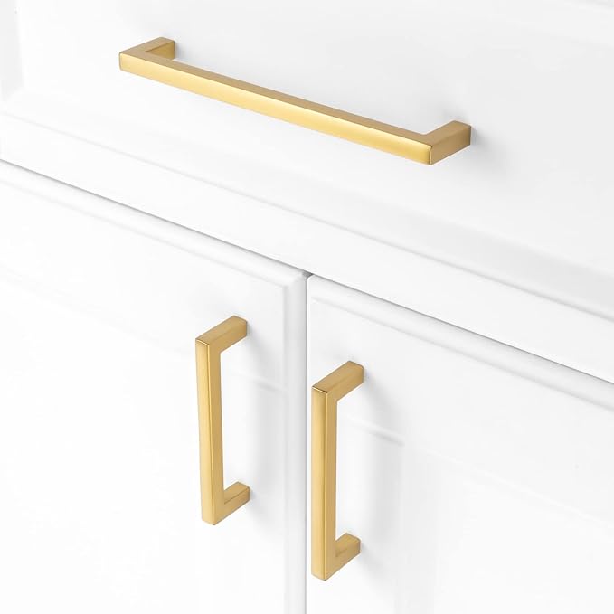 KOOFIZO Solid Square Bar Cabinet Handle - Brushed Gold Furniture Pull, 5 Inch/128mm Screwhole Distance, 10-Pack for Kitchen Cupboard Door, Bedroom Dresser Drawer, Bathroom Wardrobe Hardware