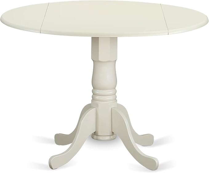 East West Furniture DLBA3-WHI-01 3 Piece Modern Dining Table Set Contains a Round Wooden Table with Dropleaf and 2 Cream Linen Fabric Upholstered Parson Chairs, 42x42 Inch, Linen White
