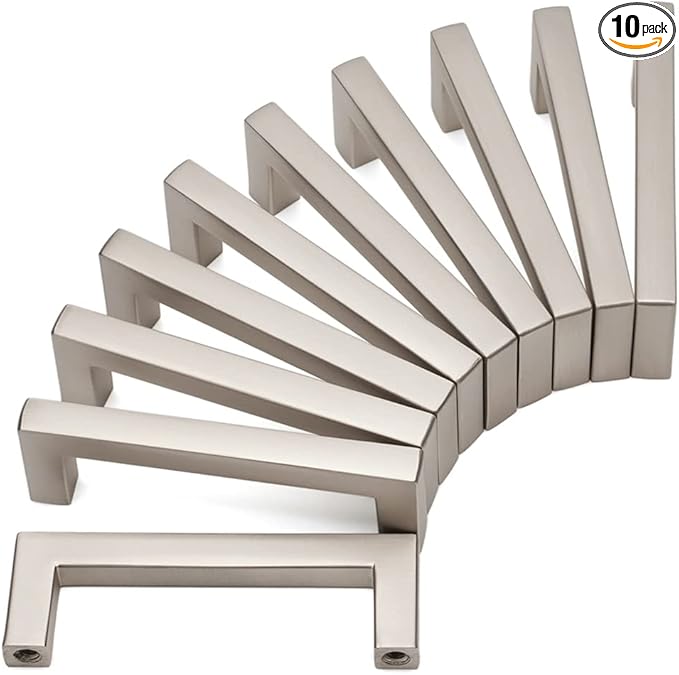 KOOFIZO Solid Square Bar Cabinet Handle - Brushed Nickel Furniture Pull, 3 Inch/76mm Screwhole Distance, 10-Pack for Kitchen Cupboard Door, Bedroom Dresser Drawer, Bathroom Wardrobe Hardware