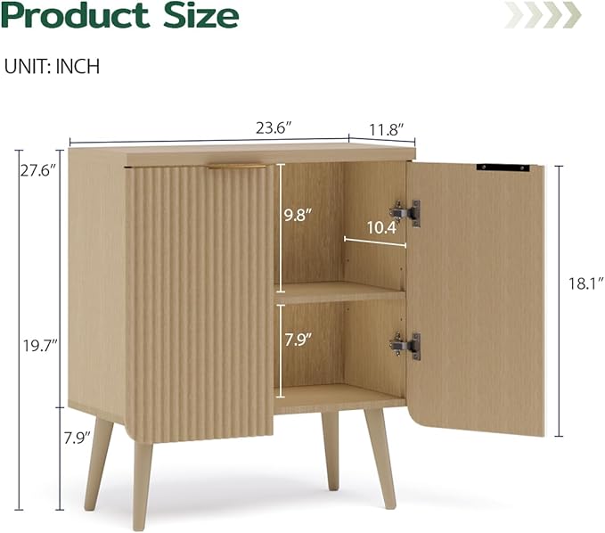 23.6" Sideboard Cabinet with 2 Doors, Modern Buffet Cabinet with Adjustable Shelf, Dining Room Sideboard, Fluted Buffet Sideboard for Living Room, Hallway, Entryway, Natual Oak