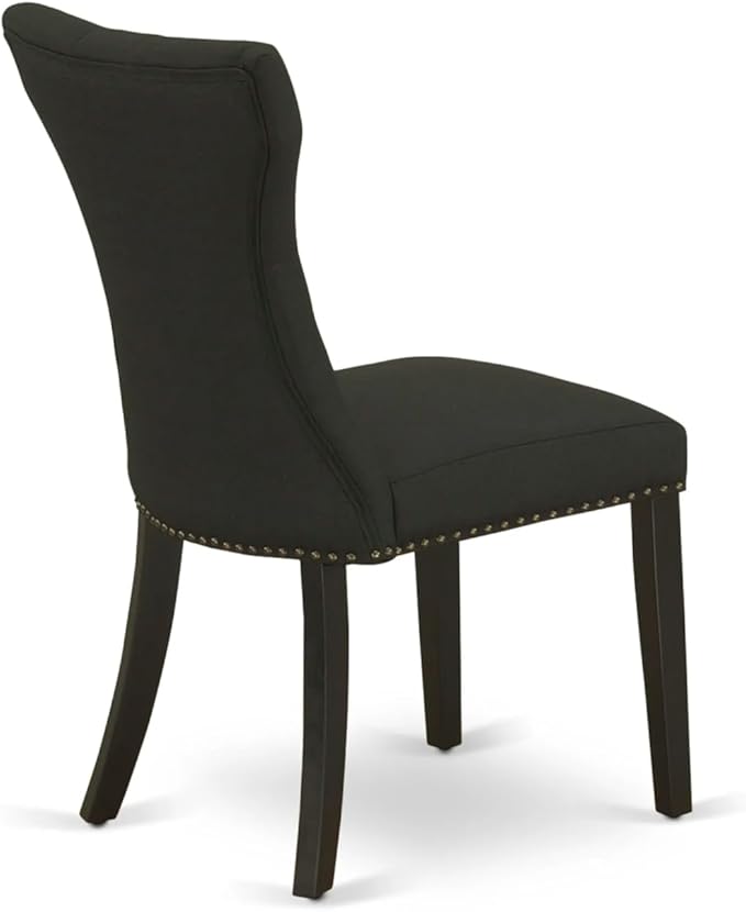 East West Furniture ANGA3-ABK-24 3 Piece Dinette Set for Small Spaces Contains a Round Kitchen Table with Pedestal and 2 Black Linen Fabric Parson Dining Chairs, 36x36 Inch, Wirebrushed Black