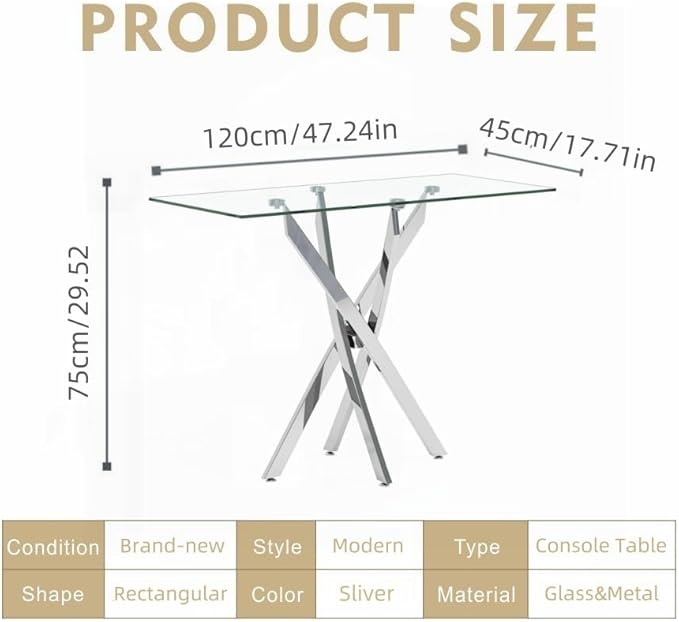 Tempered Glass Console Table with Chromed Legs, Modern Narrow Sofa Table for Hallway Entryway (Sliver, 47"x18"x30")