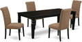 East West Furniture LGBR5-BLK-17 5 Piece Dining Set Includes a Rectangle Dining Room Table with Butterfly Leaf and 4 Light Sable Linen Fabric Upholstered Chairs, 42x84 Inch, Black