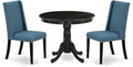 East West Furniture ANFL3-ABK-21 3 Piece Modern Dining Table Set Contains a Round Kitchen Table with Pedestal and 2 Blue Linen Fabric Parson Dining Chairs, 36x36 Inch, Wirebrushed Black