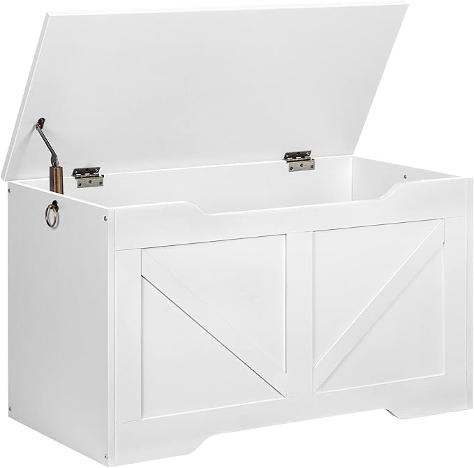 HOOBRO Storage Bench, 29.5” Retro Wooden Storage Chest with U-Shaped Cut-Out Pull, Safety Hinge, Supports 220 lb and Easy Assembly for Toy Box Organizer (White) WT77CW01