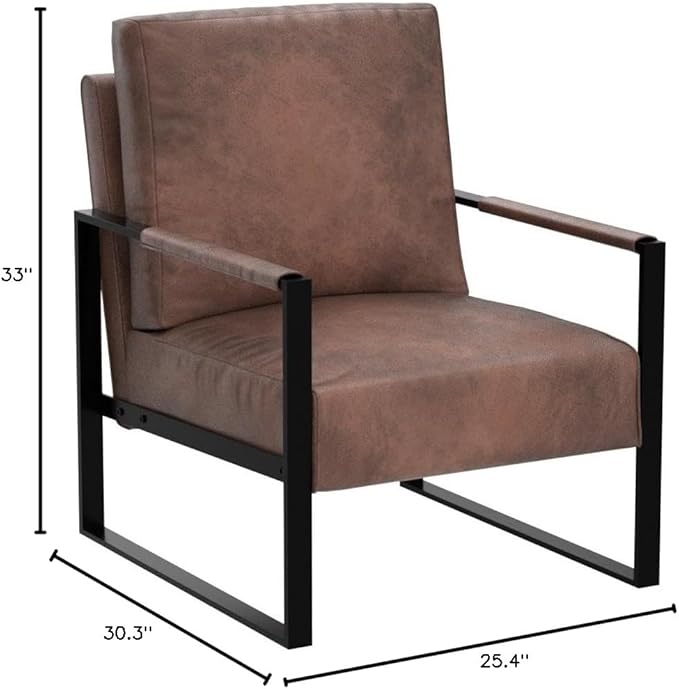 Container Furniture Classic Mid Century Modern Accent Chair with Durable Square Metal Frame, Armchair for Living Room, Bedroom, Home Office in Spotted Microfiber Upholstery, Brown