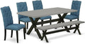 East West Furniture X697EL121-6 6 Piece Dining Set Contains a Rectangle Dining Room Table with X-Legs and 4 Blue Linen Fabric Parson Chairs with a Bench, 40x72 Inch, Multi-Color