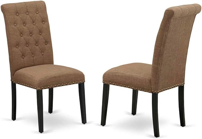 East West Furniture AMBA5-BCH-05 5 Piece Modern Dining Table Set Includes a Round Kitchen Table with Pedestal and 4 Grey Linen Fabric Parson Dining Chairs, 36x36 Inch, Black & Cherry
