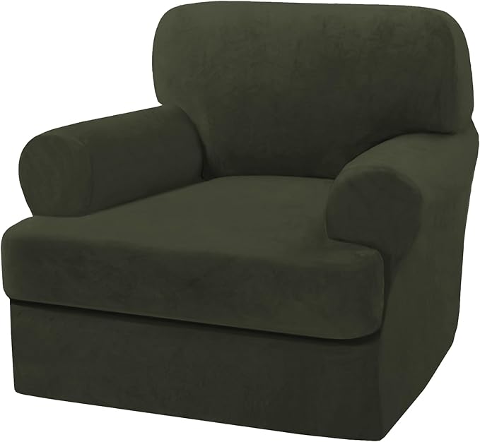 H.VERSAILTEX Sofa Cover 2 Piece T Cushion Armchair Slipcovers Thick Velvet Couch Cover Stretch T Cushion Sofa Covers for 1 Cushion Couch with 1 Individual T Cushion Covers, Olive
