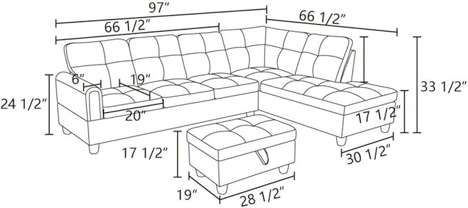 Dark Grey L-Shaped 3-Piece Flannel Sofa with Storage Ottoman Set, Sectional Couch Sofa Set for Living Room, Office, Small Space