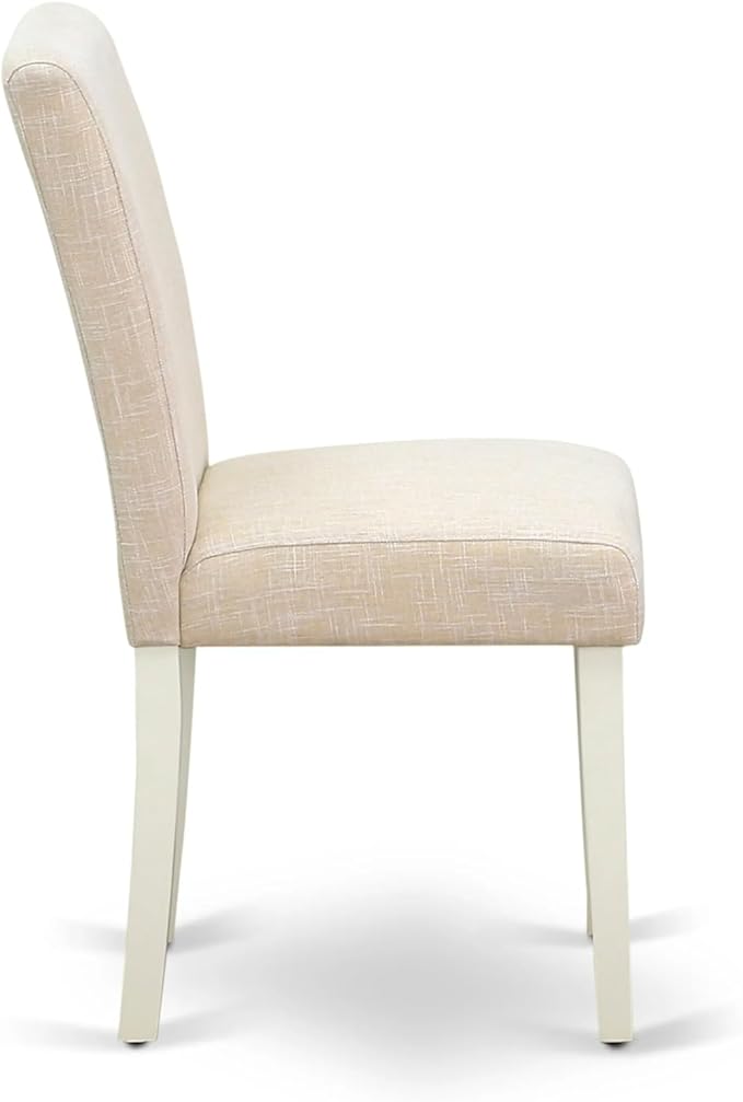 East West Furniture AMAB3-LWH-02 3 Piece Dining Room Furniture Set Contains a Round Dining Table with Pedestal and 2 Light Beige Linen Fabric Upholstered Chairs, 36x36 Inch, Linen White