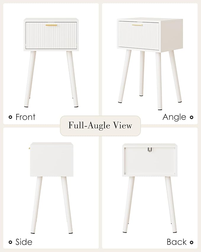 Night Stand Set 2, White Nightstand with Fluted Doors, Small Modern Mid-Century Bedside Table for Bedroom, End Table for Living Room