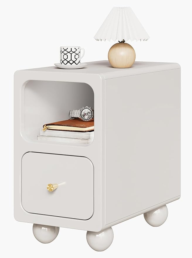 Solid Wood Night Stand, Narrow Nightstand with Drawers, White Mid Century Modern Nightstand, Small Beside Table with Open Storage Shelf for Bedroom (10 inch)