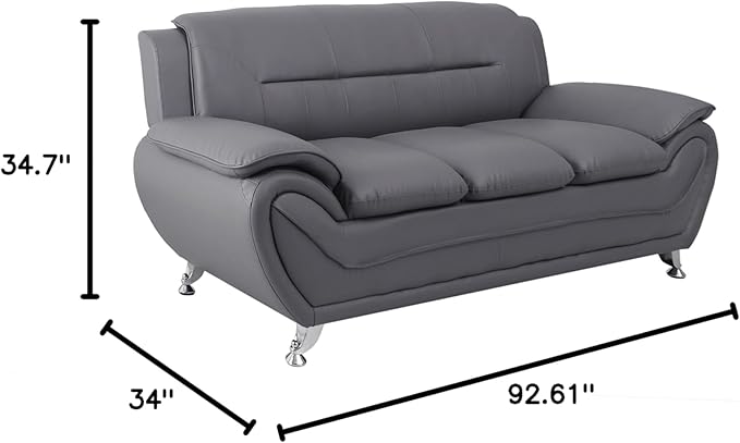 Container Furniture Direct Michael Modern Faux Leather Upholstered Stainless Steel Legs Living Room Sofa, Loveseat, Sleek Gray