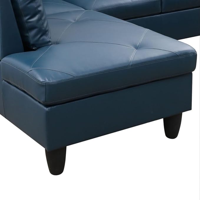 Deep Blue L-Shaped 3-Piece Faux Leather Sofa with Storage Ottoman Set, Sectional Couch Sofa Set for Living Room, Office, Small Space