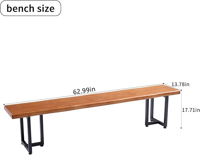 Durable Solid Wood Top Bench with Metal Triangular Legs – Stylish Long Dining Bench for Home, Office, Restaurant & Patio Chair (Wooden Brown Bench, 62.99in)