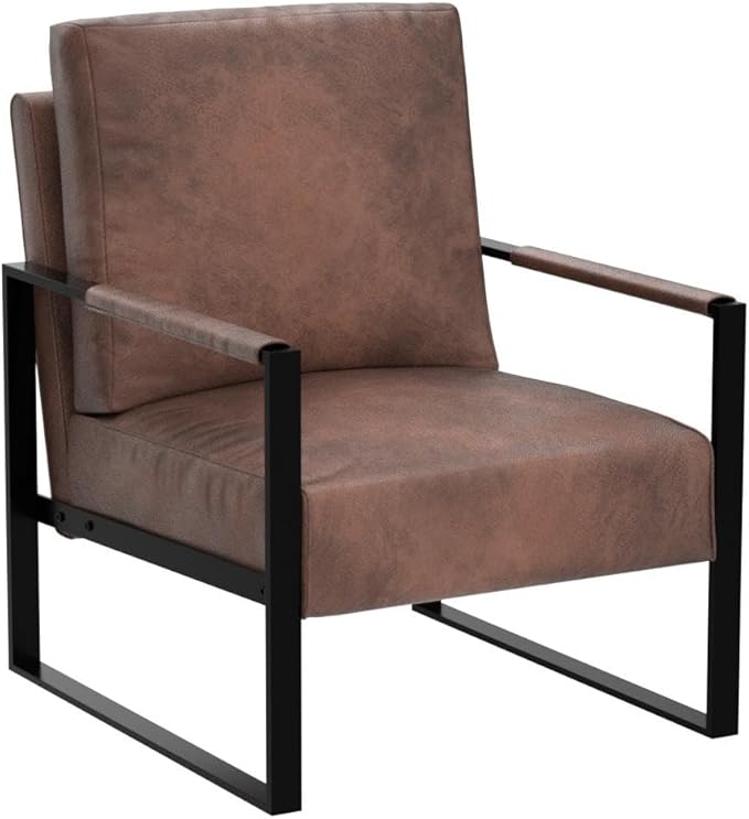 Container Furniture Classic Mid Century Modern Accent Chair with Durable Square Metal Frame, Armchair for Living Room, Bedroom, Home Office in Spotted Microfiber Upholstery, Brown