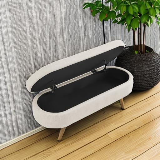 Oval Storage Bench 43.5" Linen Fabric Upholstered Entryway Bench with Solid Wood Legs Ottoman Bench Indoor Bench for Living Room/Bedroom/End of Bed/Entryway (Beige)