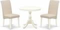 East West Furniture AMBA3-LWH-01 3 Piece Modern Dining Table Set Contains a Round Kitchen Table with Pedestal and 2 Cream Linen Fabric Upholstered Parson Chairs, 36x36 Inch, Linen White