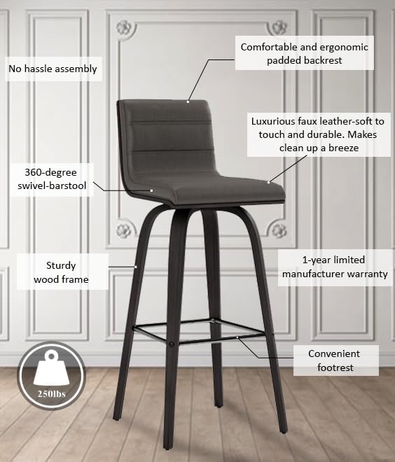 Armen Living size color options Vienna 30" Bar Height Barstool Brushed Wood Finish Faux Leather, Grey/Black