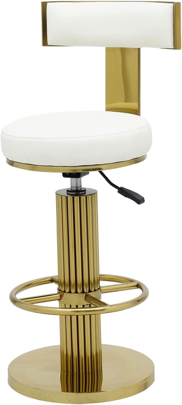 FUNROLUX Counter Height Bar Stools with Back, Modern Adjustable Height Barstools Swivel Bar Chairs with Polished Gold Stainless Steel Legs and Comfortable Cushion for Kitchen Island Counter (White)