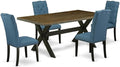 East West Furniture X677EL121-5 5 Piece Modern Dining Table Set Includes a Rectangle Wooden Table with X-Legs and 4 Blue Linen Fabric Upholstered Chairs, 40x72 Inch, Multi-Color