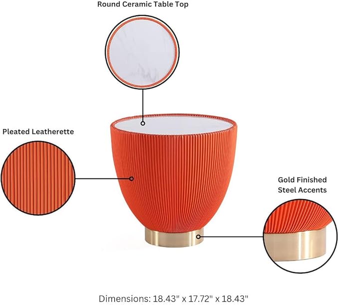 Manhattan Comfort Anderson Modern 18.43" Round End Table 2.0 - Ceramic Marble Tabletop, Elegant Pleated Leatherette Design & Gold Stainless Steel Base, Fully Assembled, Set of 2, Orange
