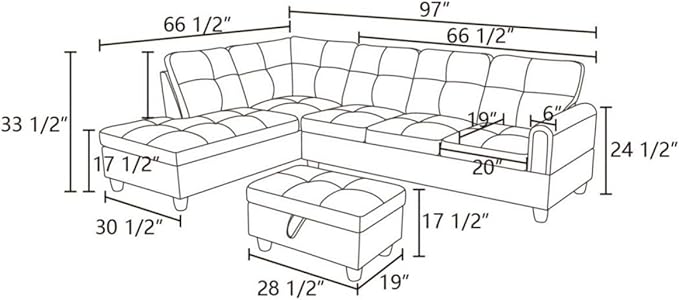 Blue L-Shaped 3-Piece Faux Leather Sofa with Storage Ottoman Set, Sectional Couch Sofa Set for Living Room, Office, Small Space