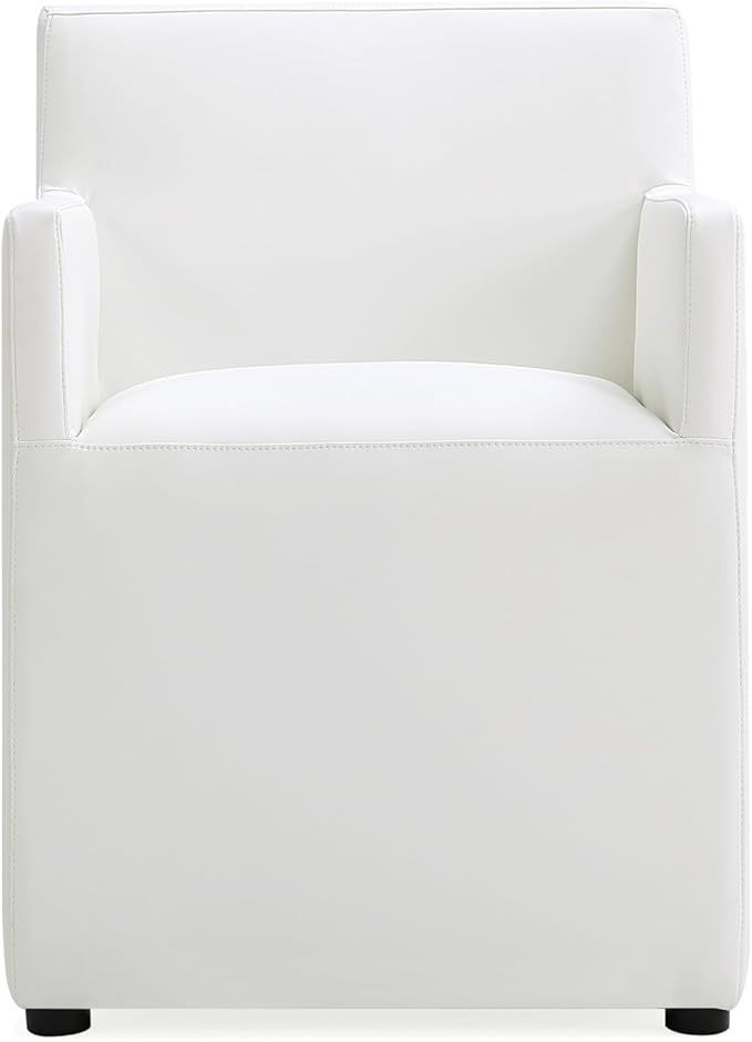 Manhattan Comfort Anna Square Modern Dining Chair with Arms, Head-to-Toe Faux Leather Upholstered Accent Armchair with Plastic Foot Padding, Set of 1, Cream