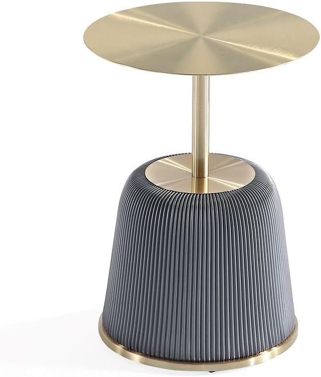 Manhattan Comfort Anderson Modern 15.75" Round End Tables 1.0 - Elegant Leatherette Upholstered Base with Pleated Design & Gold Steel Tabletop, Fully Assembled Accent Furniture, Set of 2, Grey
